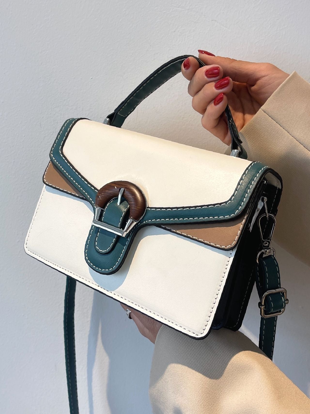 Buckle Detail Colorblock Square Bag  - Women Satchels