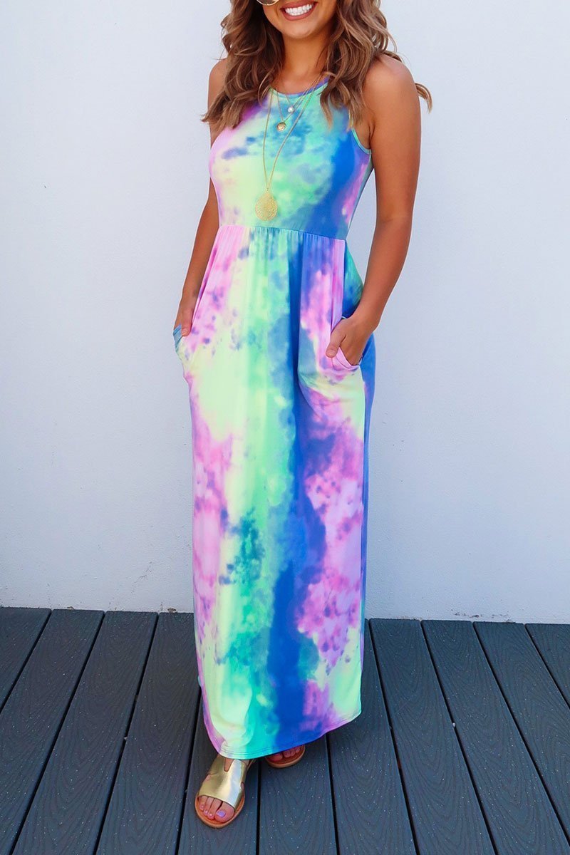binfenxie Tie-dye Printed Multicolor Maxi Dress