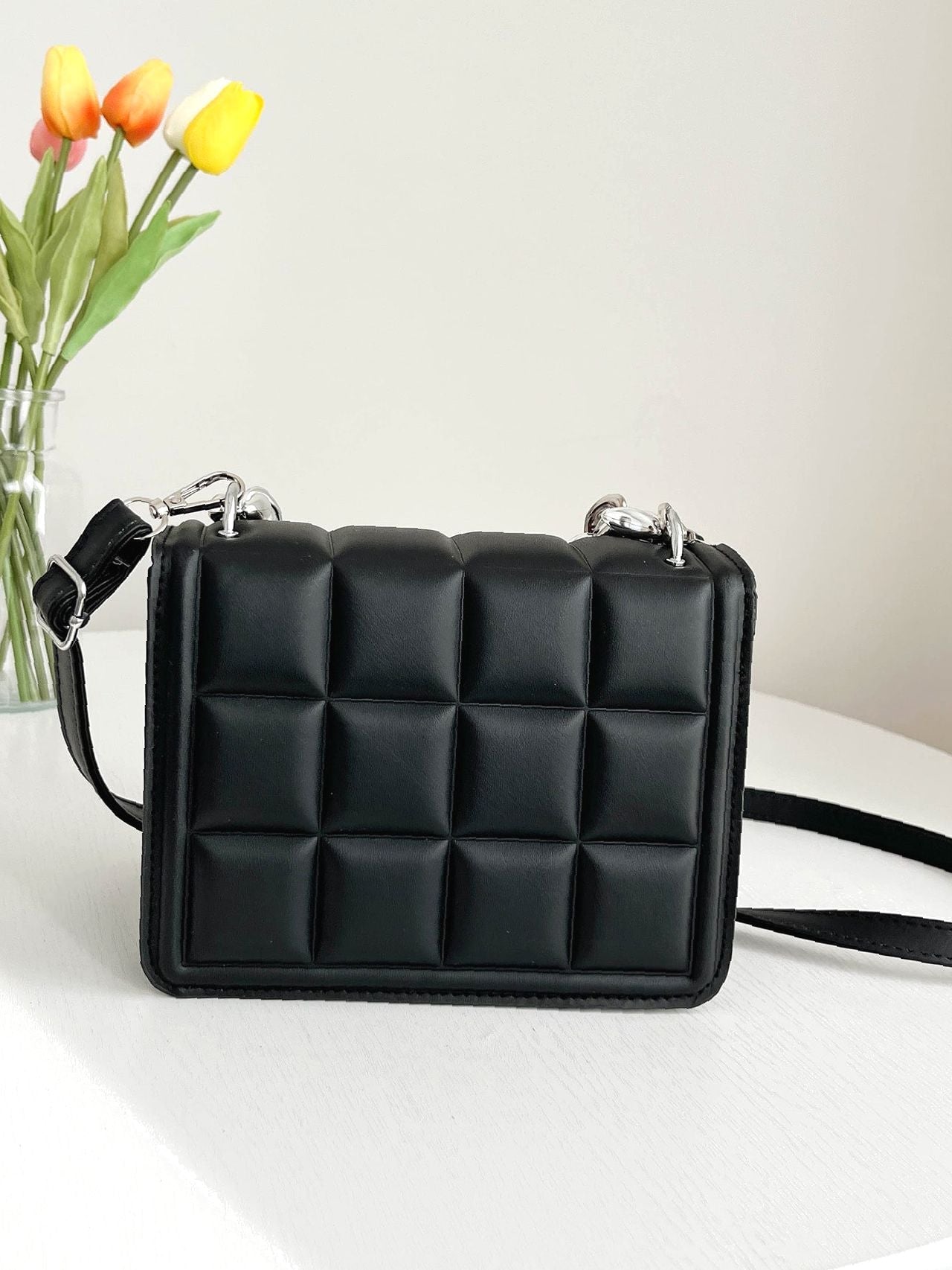 Textured Chain Flap Square Bag  - Women Satchels