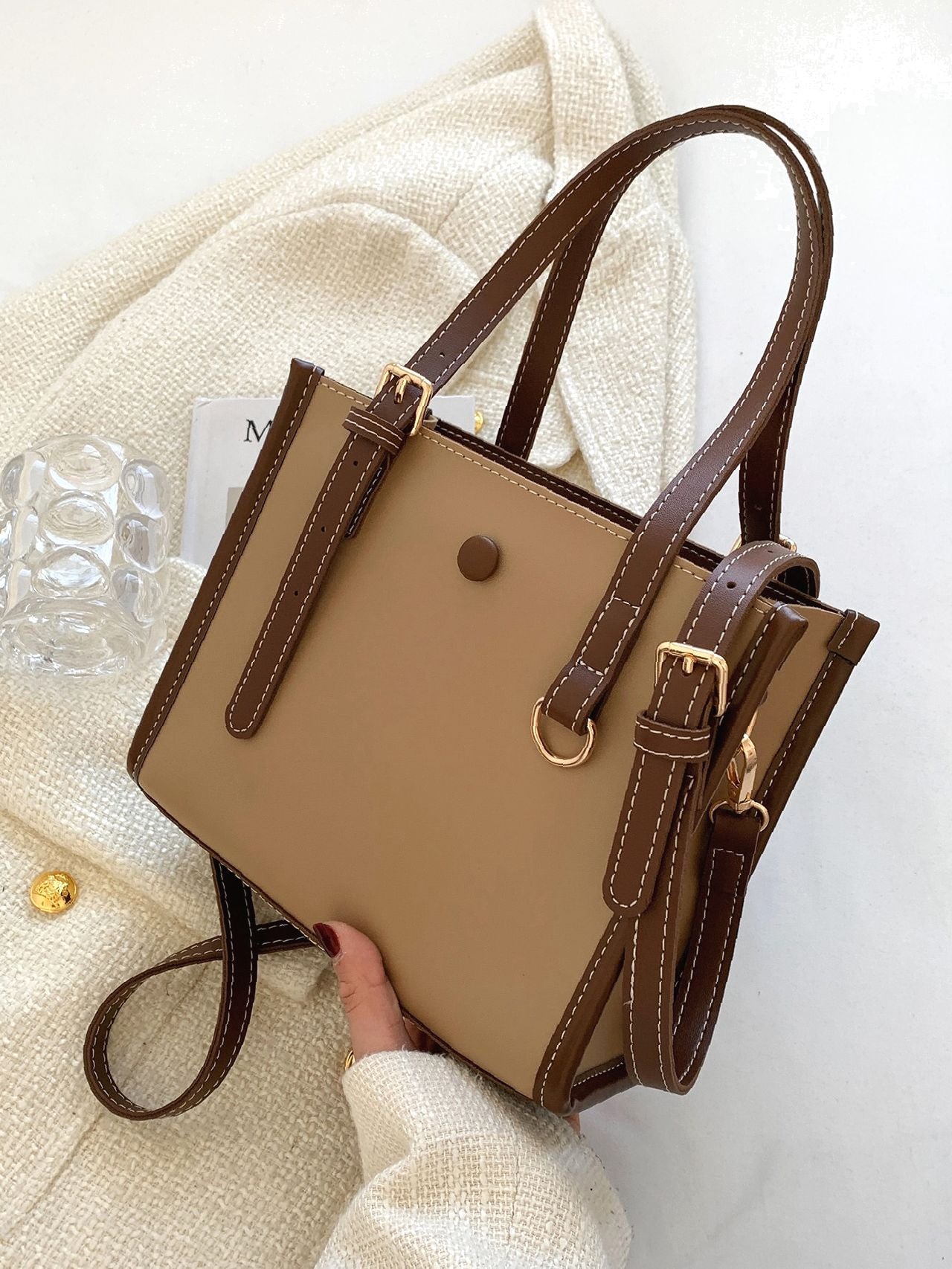 Buckle Detail Button Design Square Bag  - Women Satchels