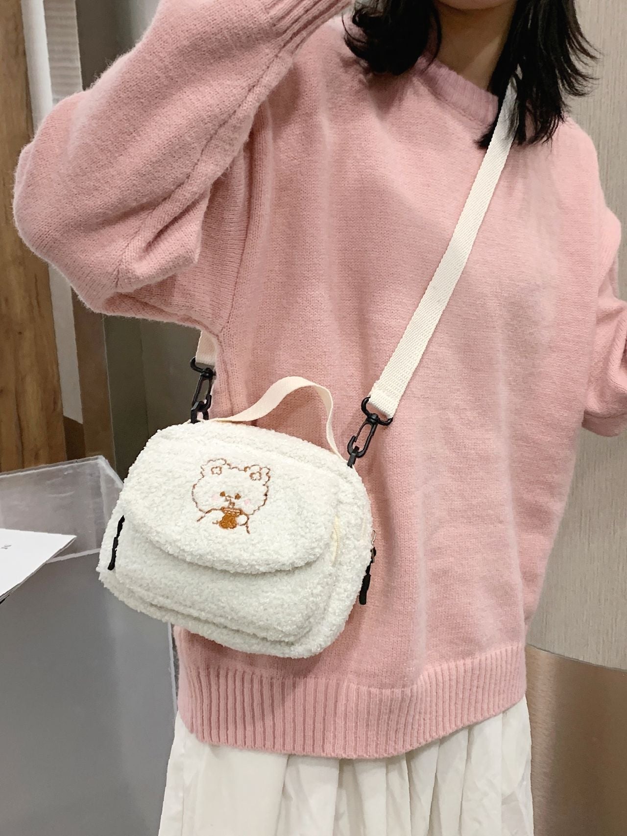 Cartoon Embroidered Fluffy Satchel Bag  - Women Satchels