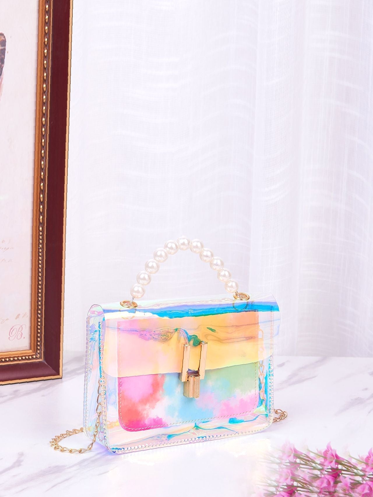 Holographic Faux Pearl Handle Satchel Bag  - Women Satchels