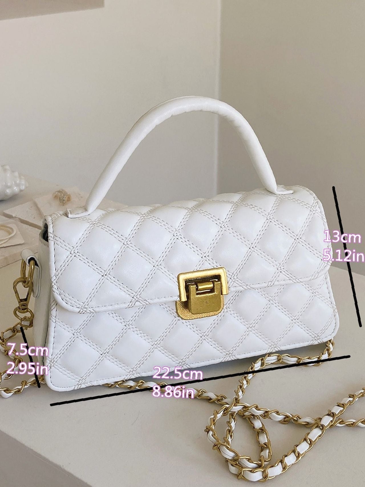 Quilted Pattern Metal Lock Design Chain Square Bag  - Women Satchels