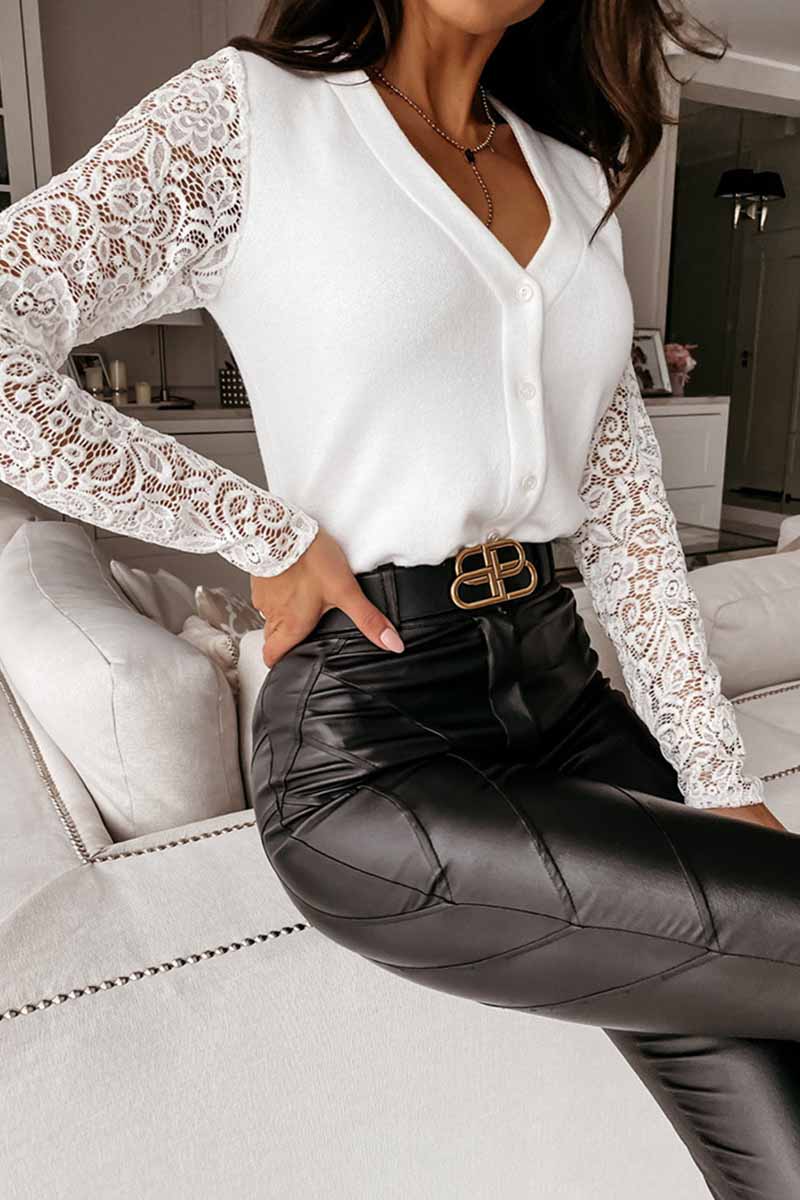Binfenxie Sexy V-Neck Lace Stitching Long Sleeves Tops