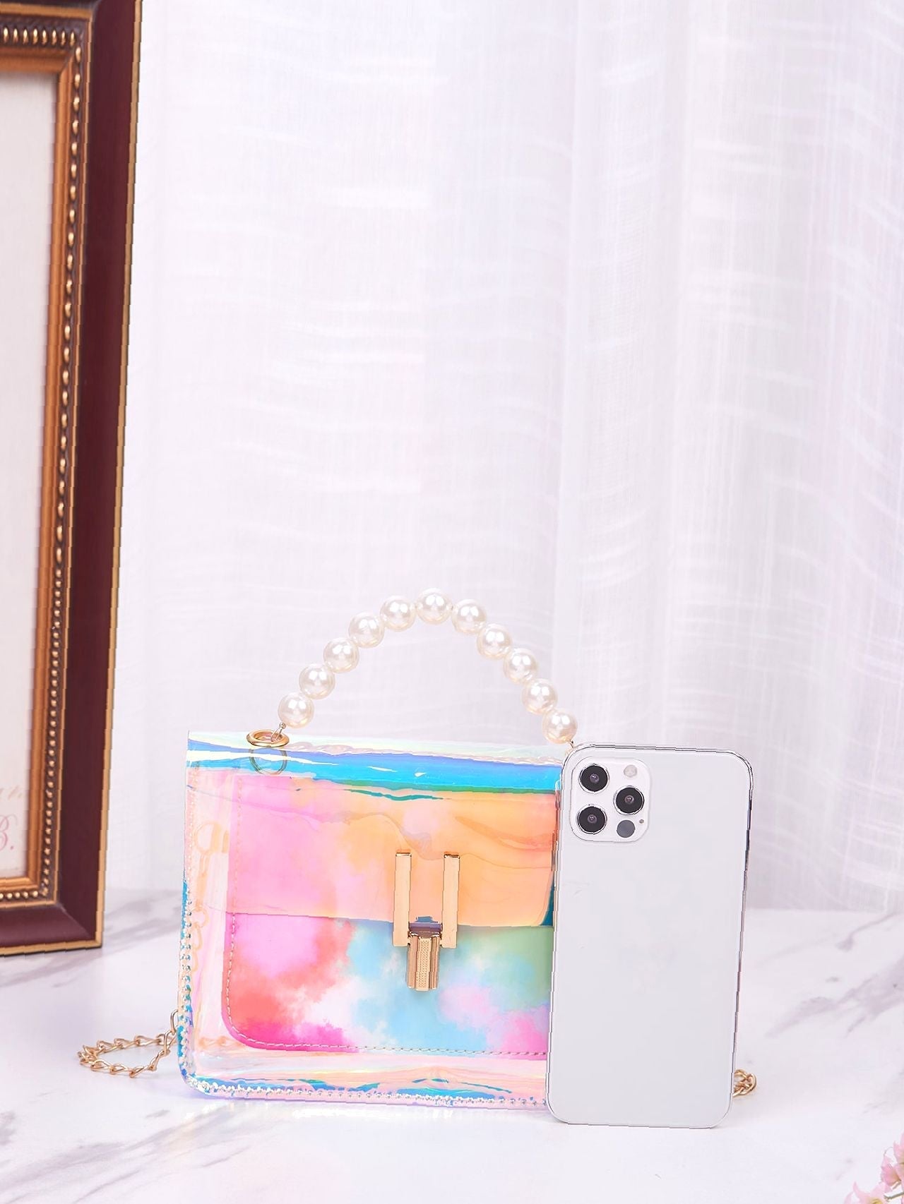 Holographic Faux Pearl Handle Satchel Bag  - Women Satchels