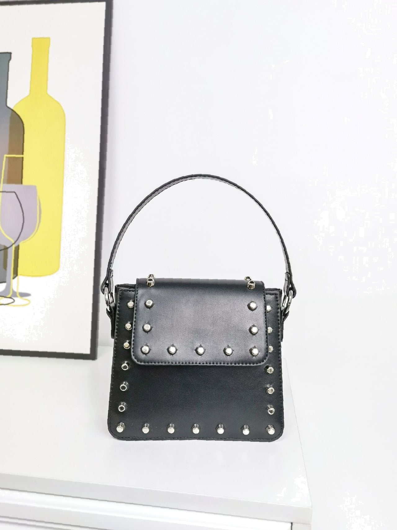 Studded Decor Flap Square Bag  - Women Satchels